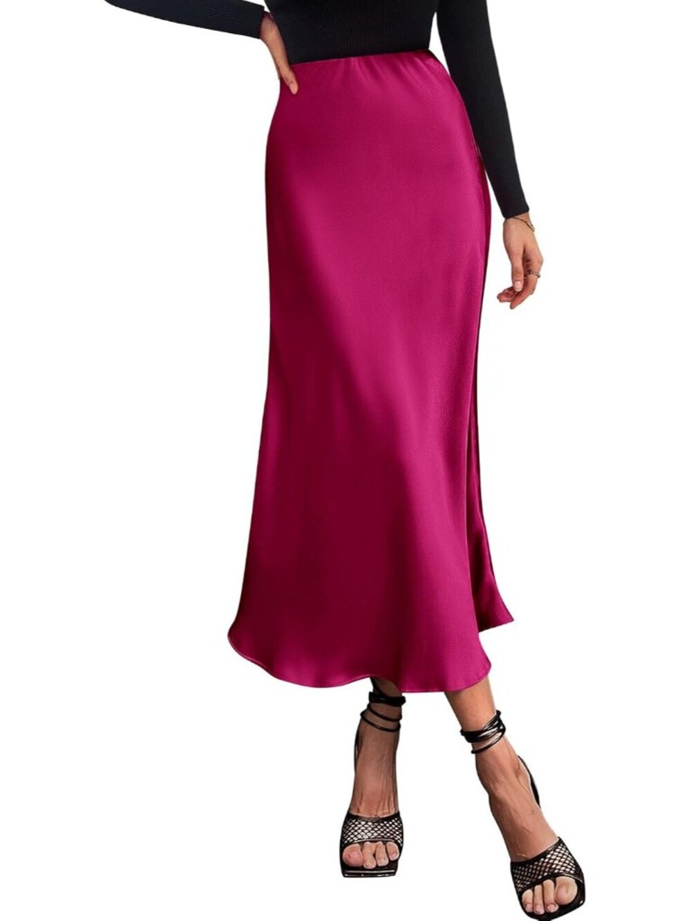 Women Rose Red High Waist Satin Elegant Slip Bias Cut Flowy Long Midi Skirt